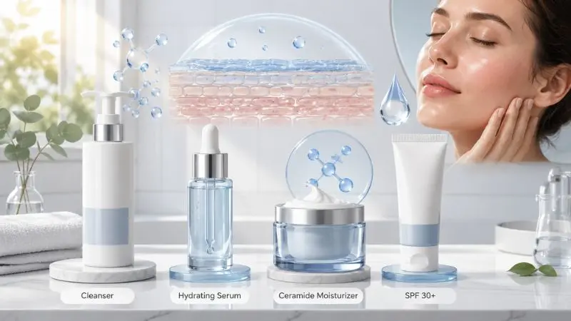 Sample skin barrier recovery routine featuring gentle cleanser, hydrating serum, ceramide moisturizer, and SPF 30+ for daily barrier repair.