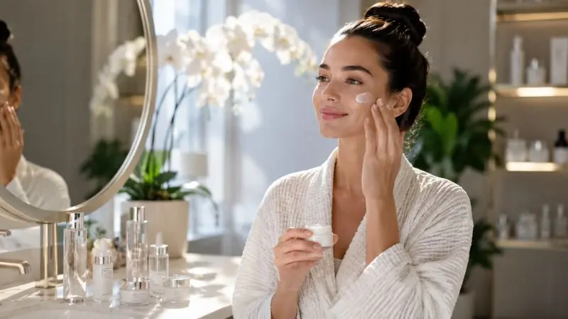 Woman preparing her skin before anti-aging treatment with sunscreen, moisturizer, and gentle skincare products.