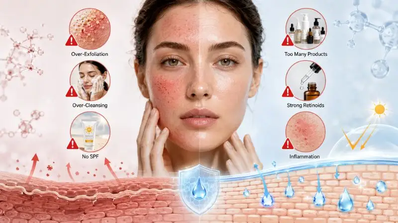 Dermatology infographic showing common skincare mistakes that can delay skin barrier recovery and healing.