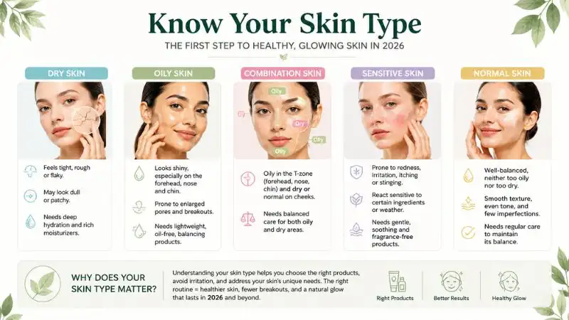 Infographic showing different skin types including dry, oily, combination, sensitive, and normal skin with simple descriptions and skincare guidance for healthy glowing skin.