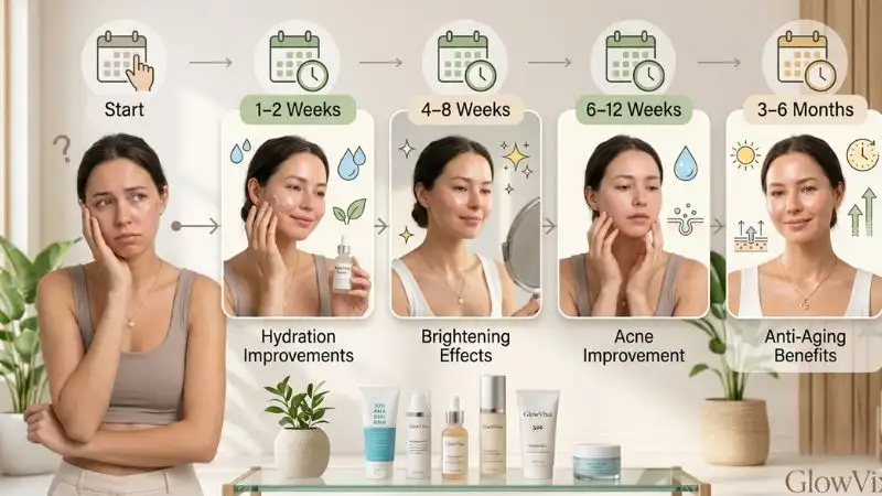 Skincare results timeline showing hydration, brightening, acne improvement, and anti-aging benefits achieved through a consistent skincare routine.