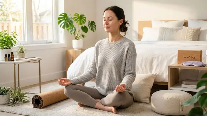 Woman practicing healthy lifestyle habits including quality sleep, stress management, and regular exercise for naturally glowing skin.