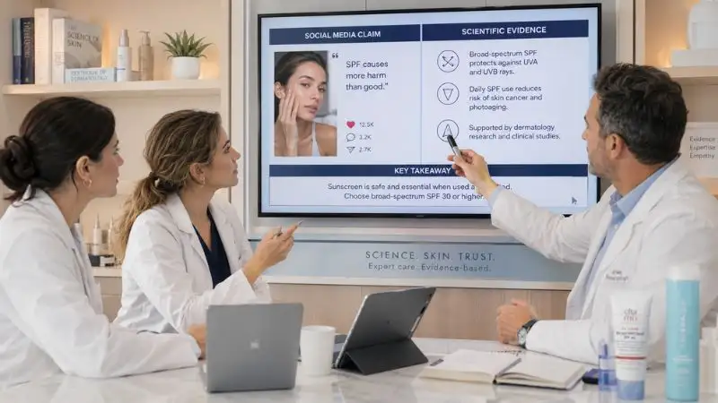 Experts analyzing sunscreen advice on social media and explaining whether it is trustworthy or misleading for skincare safety.