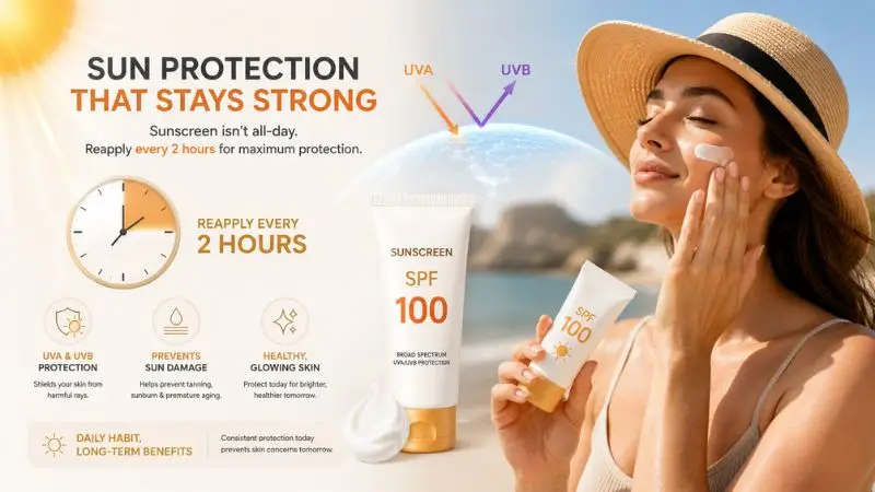 Person reapplying SPF sunscreen outdoors every two hours to maintain effective protection against UVA and UVB rays.