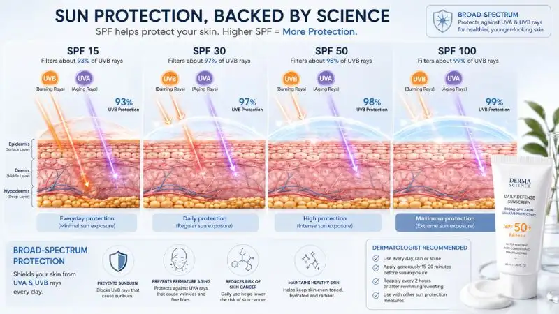 Educational diagram showing SPF protection levels and broad spectrum sunscreen shielding skin from UVA and UVB rays.