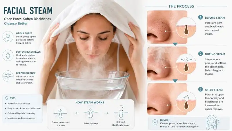 Close-up skincare illustration showing facial steam treatment over a bowl of hot water helping open pores and loosen blackheads on nose