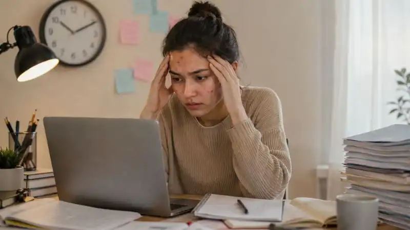 Young adult experiencing stress from work or studies with visible acne breakouts, illustrating how stress can worsen acne-prone skin.