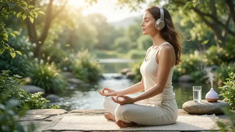 Stress management for anti aging skin including meditation, deep breathing, nature time, and relaxation techniques for youthful glowing skin