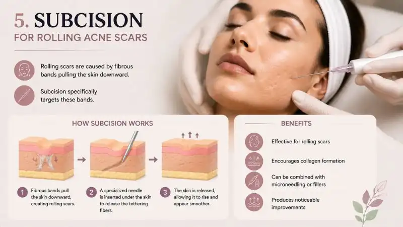 Subcision treatment for rolling acne scars showing release of fibrous bands under skin to improve skin texture, reduce depressions, and stimulate collagen production