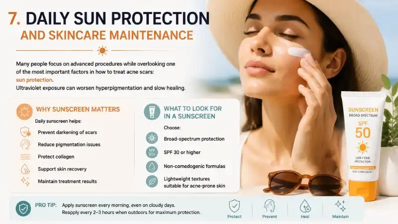 Daily sun protection for acne scars showing how sunscreen prevents hyperpigmentation, protects collagen, and supports skin healing while improving results of acne scar treatments