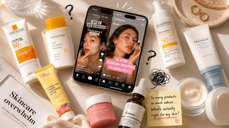 Young woman comparing sunscreen recommendations on social media with a dermatologist-approved sunscreen while learning should you trust sunscreen advice on social media.