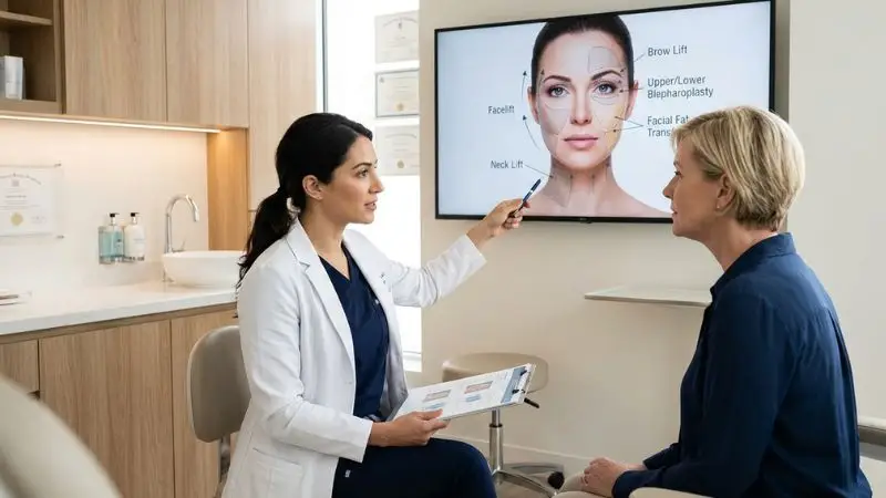 Popular surgical anti-aging procedures including facelift, neck lift, brow lift, eyelid surgery, and fat transfer shown in a professional cosmetic surgery consultation setting.