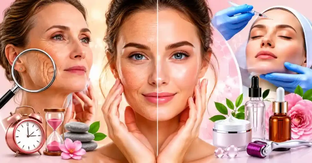 Thinking About Anti-Aging Procedures? 5 Steps to Do First [Guide] showing a clean skincare clinic style image of a woman with youthful glowing skin and anti-aging treatment concept in a soft aesthetic background