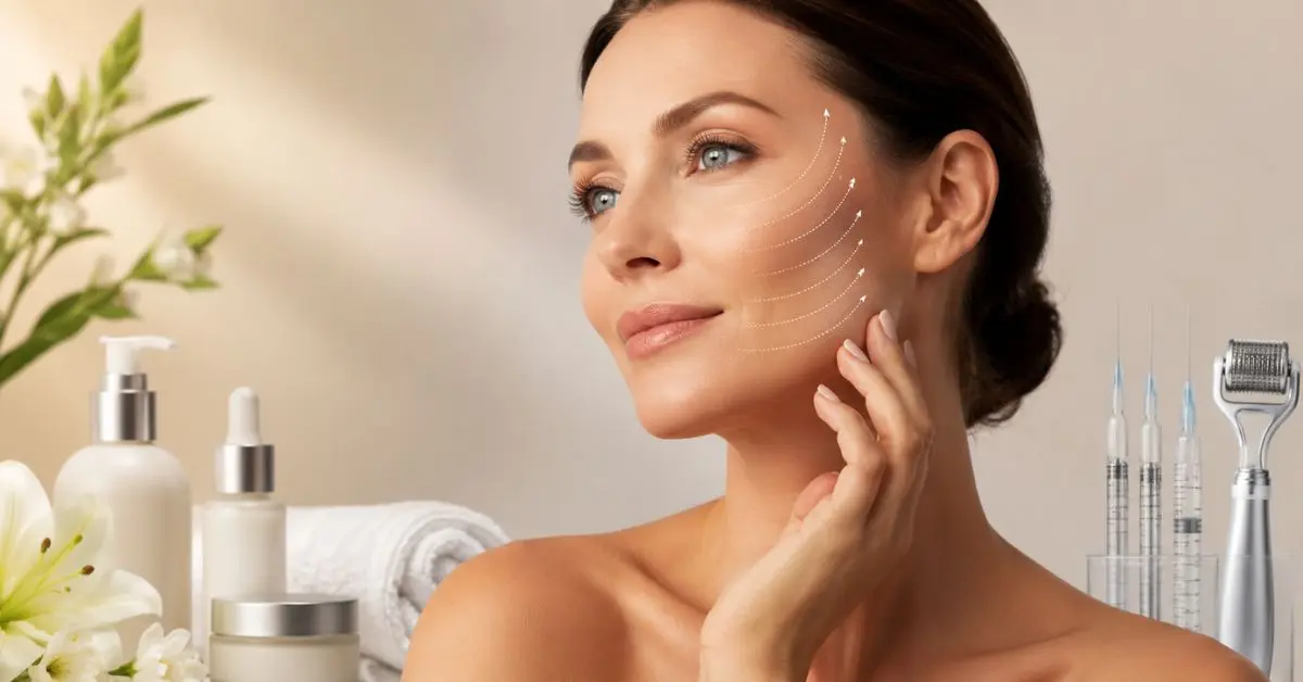 Thinking About Anti-Aging Procedures? 5 Steps to Do First [Guide] showing a clean skincare clinic style image of a woman with youthful glowing skin and anti-aging treatment concept in a soft aesthetic background
