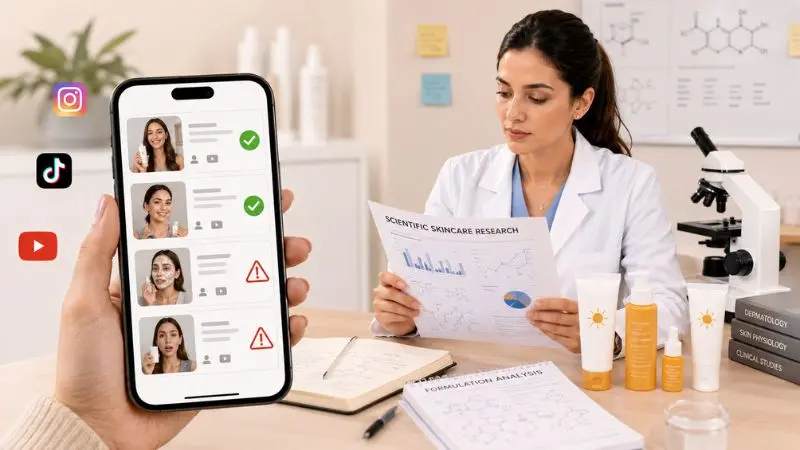 Dermatologist evaluating trustworthy skincare creators on social media using scientific research and evidence-based sunscreen recommendations.