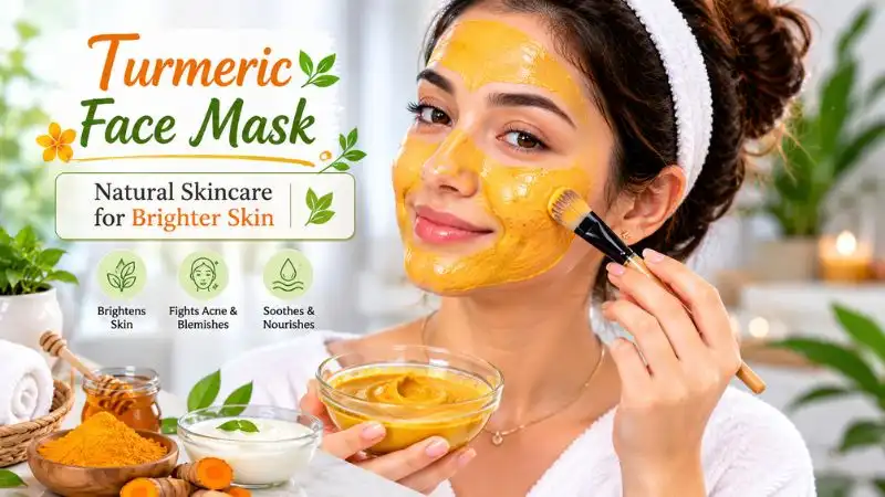 Woman applying a homemade turmeric and yogurt face mask as part of a natural skincare routine for healthy glowing skin.
