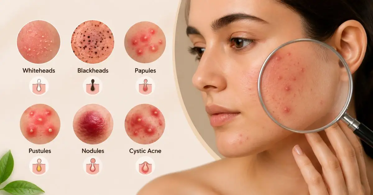 Types of Acne and How to Treat Them infographic showing whiteheads, blackheads, papules, pustules, nodules, and cystic acne with dermatologist treatment guidance.