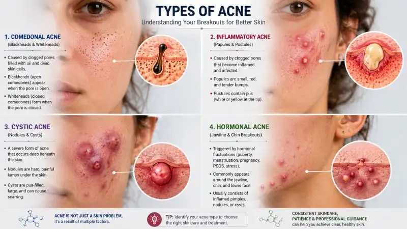 Types of Acne including comedonal acne inflammatory acne cystic acne and hormonal acne on facial skin