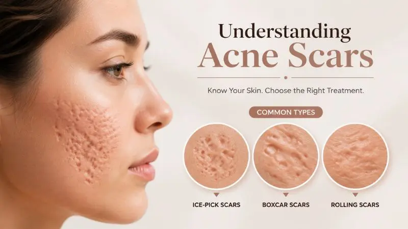 Understanding acne scars including atrophic scars such as ice pick, boxcar, and rolling scars with clear dermatology explanation