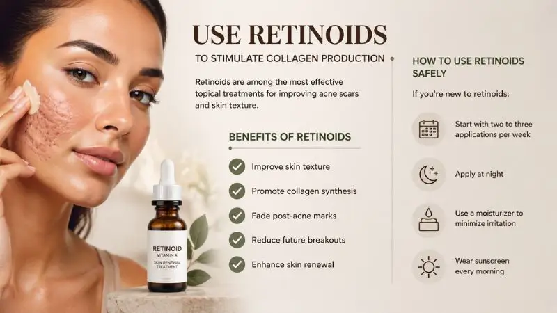 How to Treat Acne Scars using retinoids to stimulate collagen production, improve skin texture, and reduce post-acne marks safely with proper application routine
