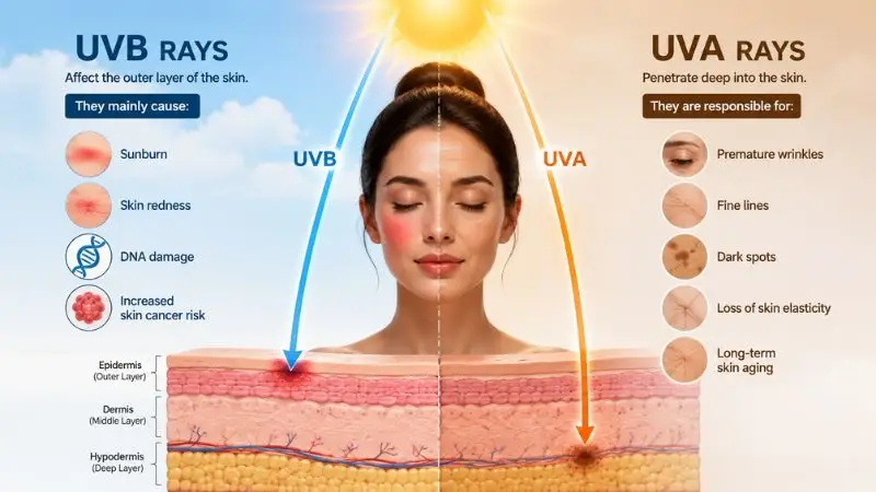 Medical infographic showing UVA and UVB rays effects on skin including sunburn, wrinkles, dark spots, and long-term skin damage.
