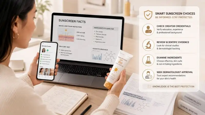 Person verifying sunscreen information by checking product labels, scientific sources, and dermatologist credentials before following social media advice.