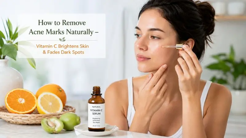 Woman applying natural vitamin C serum on face with citrus fruits and skincare products to help fade acne marks and brighten skin naturally.
