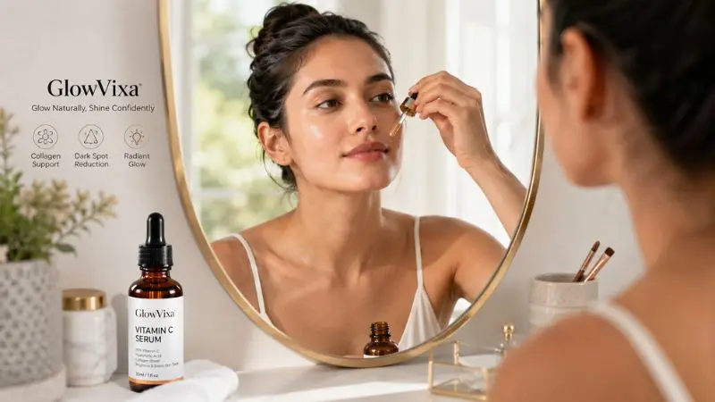 Woman applying vitamin C serum to her face for brighter skin, reduced dark spots, and a healthy natural glow.