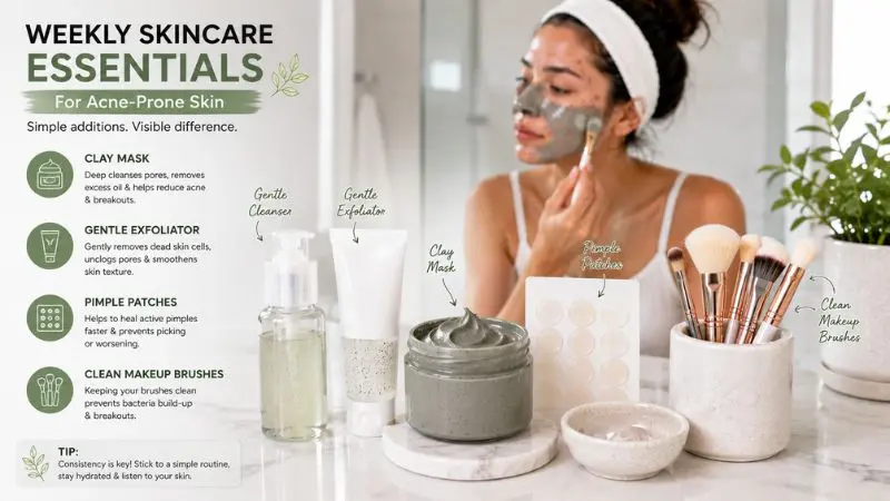 Weekly skincare essentials for acne-prone skin including a clay mask, gentle exfoliant, pimple patches, and clean makeup brushes.