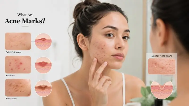 Woman showing acne marks and skin discoloration after healed breakouts compared with deeper acne scars.