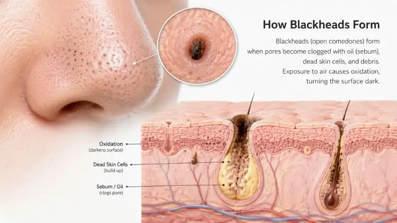 Close-up skin illustration showing blackheads forming in clogged pores with oil, dead skin cells, and visible oxidation on the nose area