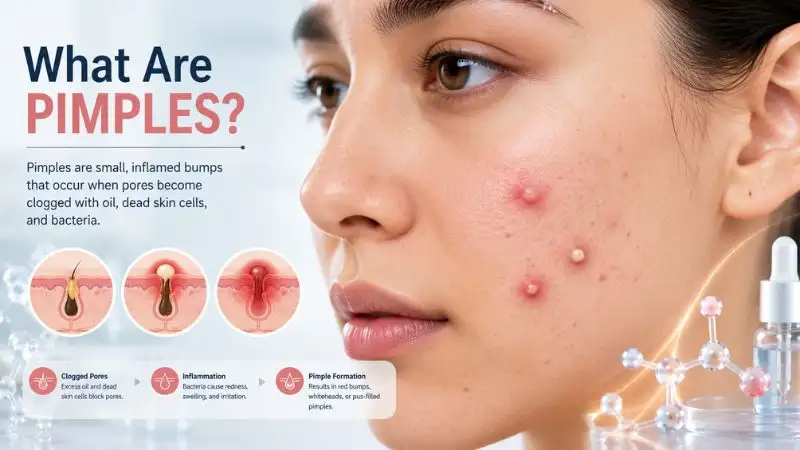 What Are Pimples showing red bumps whiteheads and inflamed skin lesions caused by clogged pores