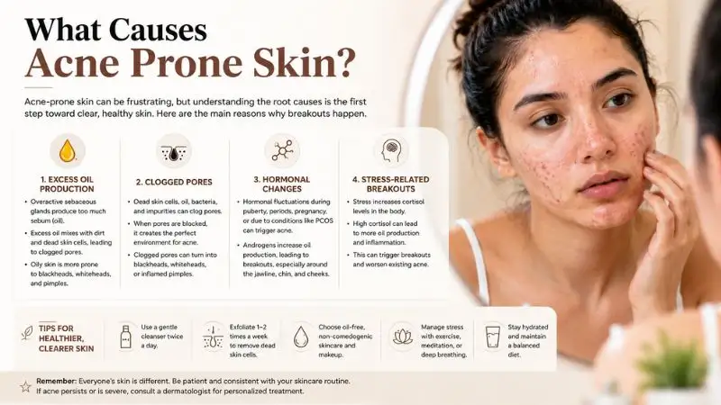 Close-up illustration of acne-prone skin showing excess oil production, clogged pores, and hormonal acne on the face