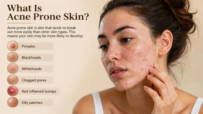 Young woman with acne-prone skin showing pimples, blackheads, and mild redness while examining her face in a mirror.