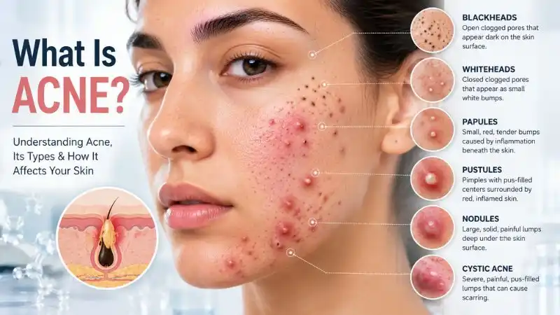 What Is Acne showing blackheads whiteheads papules pustules nodules and cystic acne on human skin