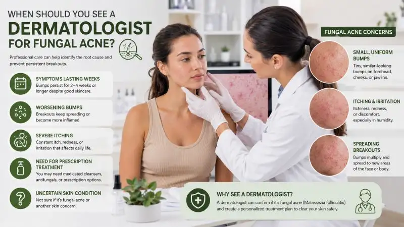 Dermatologist consultation for fungal acne showing when persistent symptoms, itching, and spreading bumps need professional treatment.