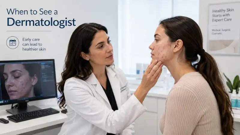 Dermatologist consulting with a patient about persistent acne, acne marks, and personalized treatment options in a professional clinic.