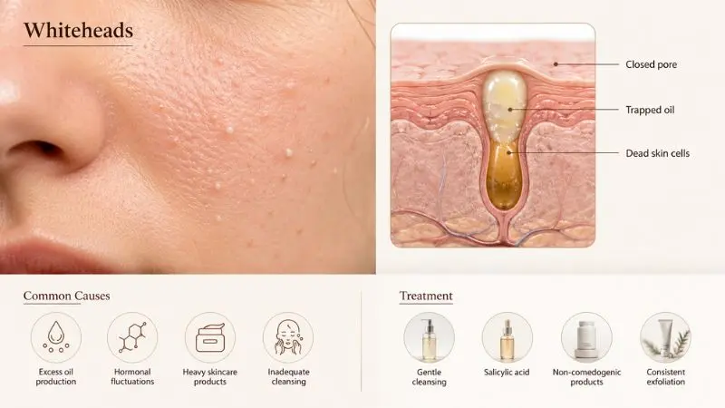 Types of Acne and How to Treat Them infographic showing whiteheads, clogged pores, common causes, and effective treatment options.