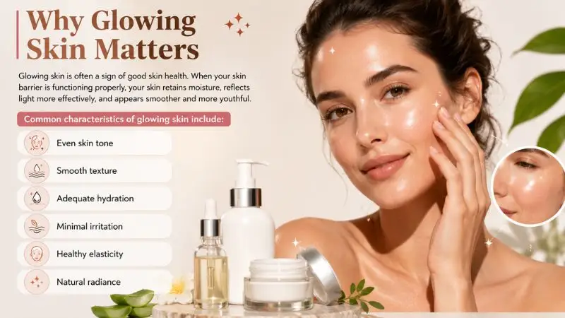 A professional skincare infographic showing glowing healthy skin characteristics including even skin tone, smooth texture, hydration, minimal irritation, healthy elasticity, and natural radiance with skincare products