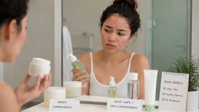 Young woman with acne-prone skin choosing between skincare products, illustrating how the wrong products can contribute to breakouts and skin irritation.