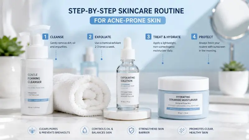Best exfoliator for acne-prone skin routine showing a foaming cleanser, chemical exfoliant, clean towel, and ceramide moisturizer
