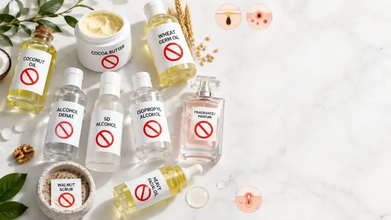 Best exfoliator for acne-prone skin guide showing skincare ingredients to avoid, including coconut oil, cocoa butter, alcohol denat., and walnut scrub