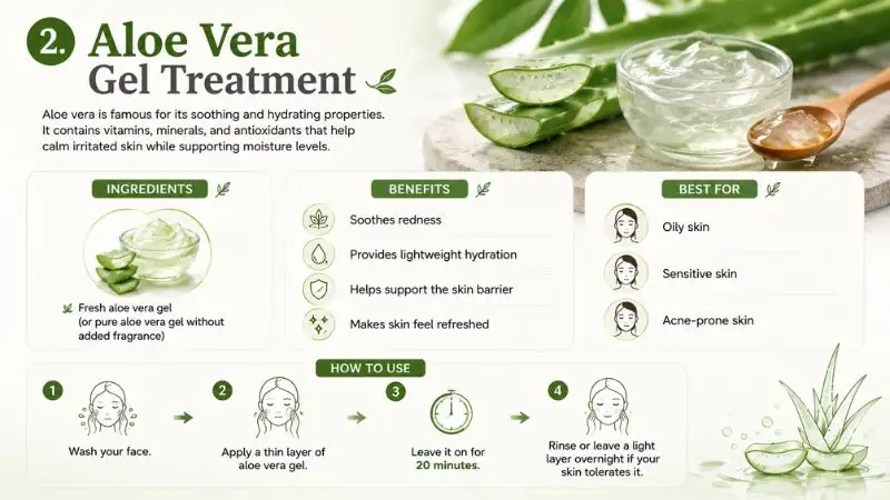 Aloe vera gel treatment infographic showing ingredients, benefits, best skin types, and application steps as a natural Home Remedies for Glowing Skin treatment.