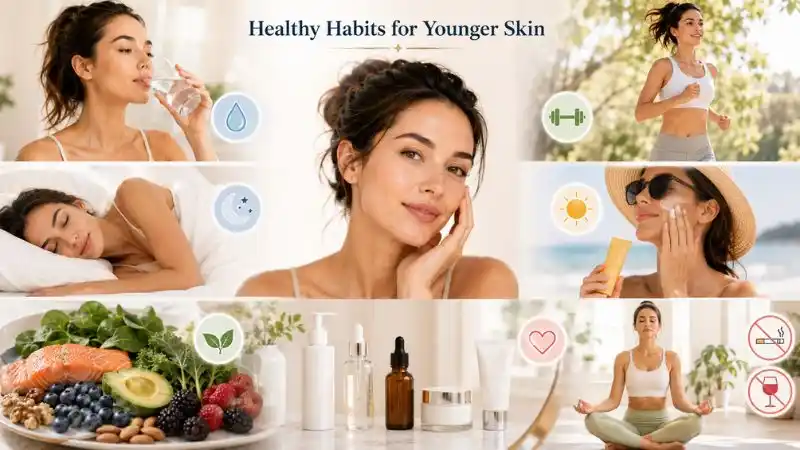 Best Anti Aging Skin Care Routine supported by healthy lifestyle habits including quality sleep, hydration, exercise, antioxidant-rich foods, sunscreen, and daily skincare for youthful skin.