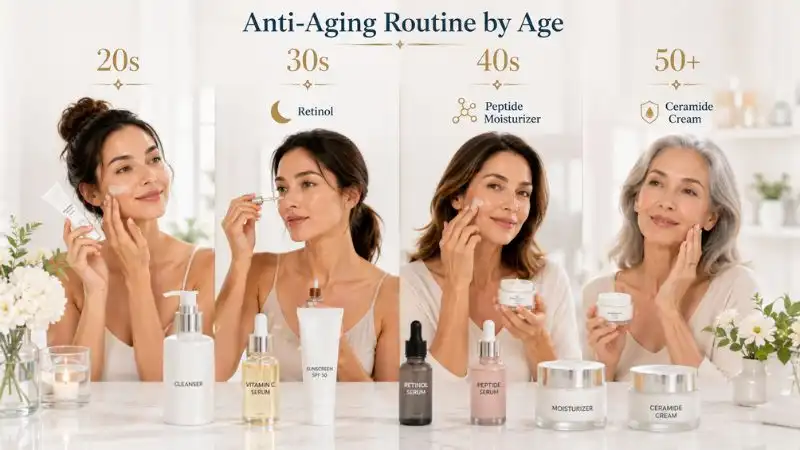 Best Anti Aging Skin Care Routine by age showing skincare for women in their 20s, 30s, 40s, and 50+ using sunscreen, retinol, peptides, ceramides, and moisturizer for youthful healthy skin.