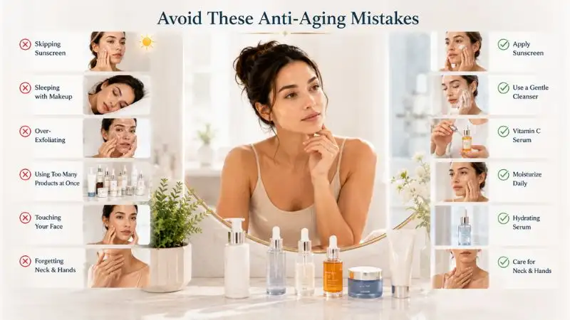 Best Anti Aging Skin Care Routine showing common skincare mistakes to avoid, including skipping sunscreen, sleeping with makeup, over-exfoliating, and forgetting neck and hand care.