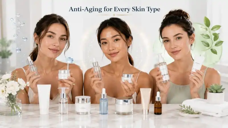 Best Anti Aging Skin Care Routine for dry, combination, and sensitive skin featuring gentle cleansers, hyaluronic acid, ceramides, lightweight serums, moisturizers, and sunscreen.