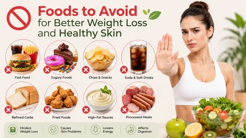 Foods to avoid for better weight loss and healthy skin, including sugary foods, fried foods, soda, processed snacks, and fast food.