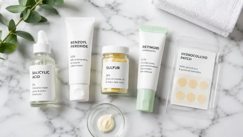 Best active ingredients for how to dry out a pimple, including salicylic acid, benzoyl peroxide, sulfur, retinoid, and hydrocolloid patches arranged on a white marble surface.