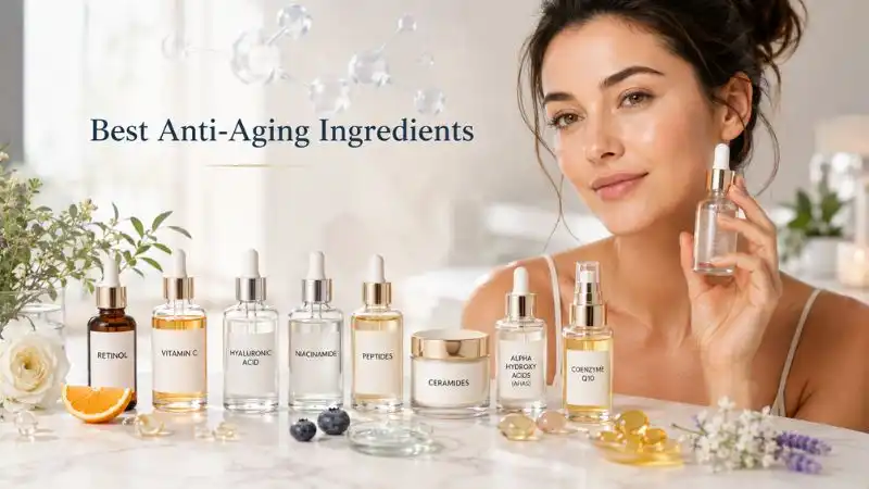 Best Anti Aging Skin Care Routine featuring retinol, vitamin C, hyaluronic acid, niacinamide, peptides, ceramides, AHAs, and Coenzyme Q10 for healthier youthful skin.